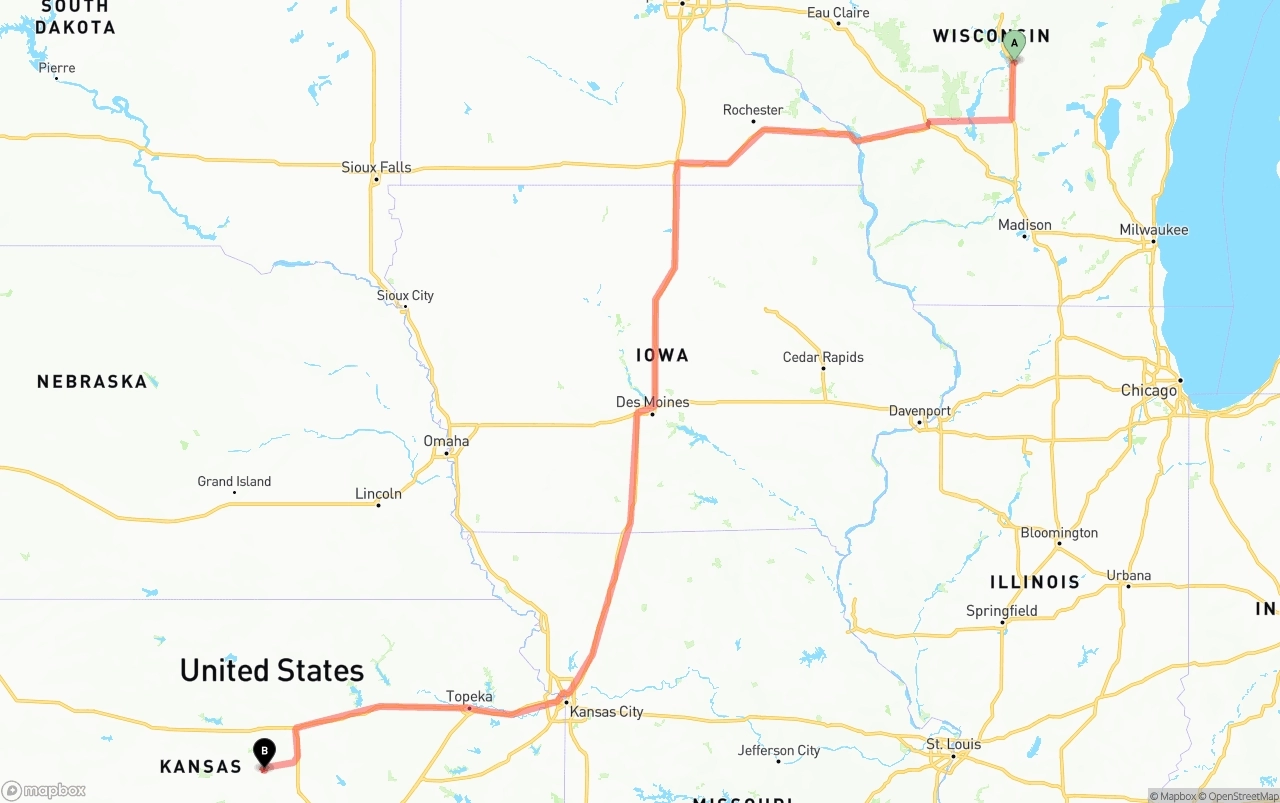 Shipping route from Wisconsin to Kansas
