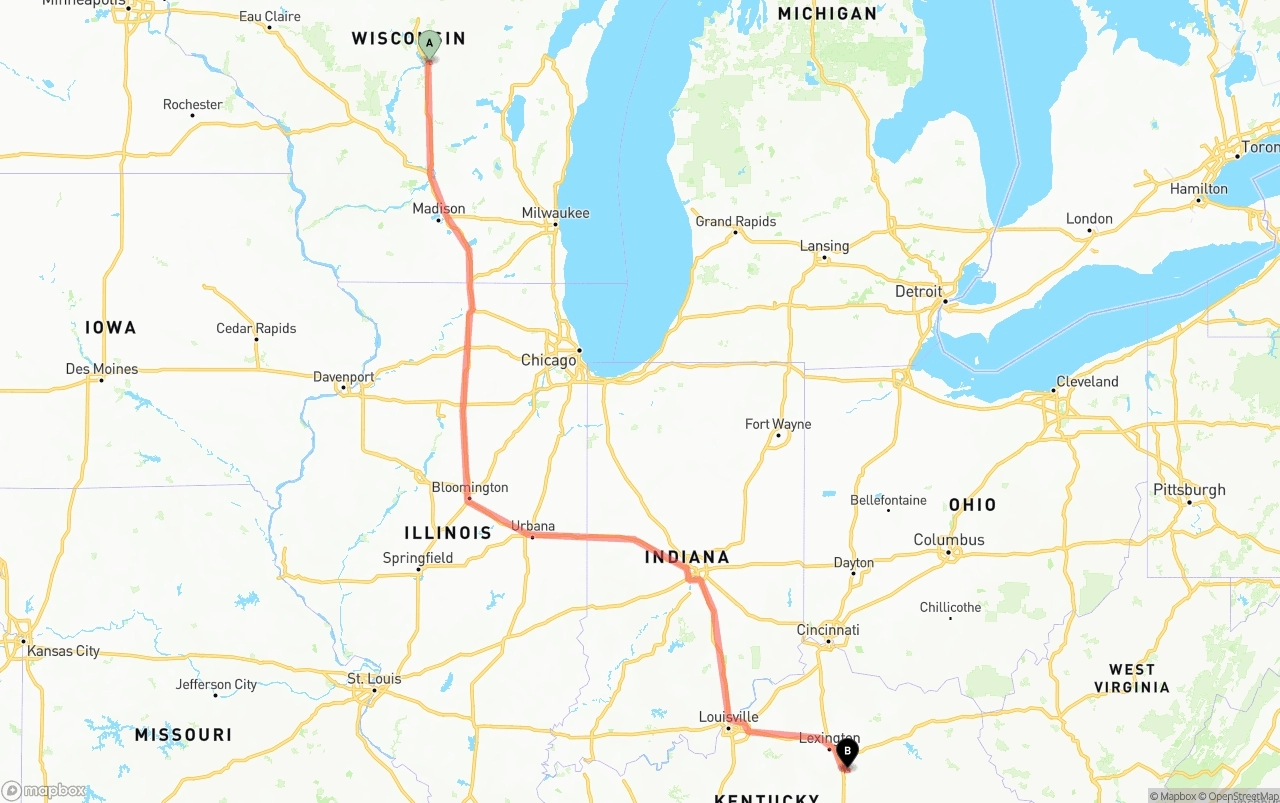 Shipping route from Wisconsin to Kentucky
