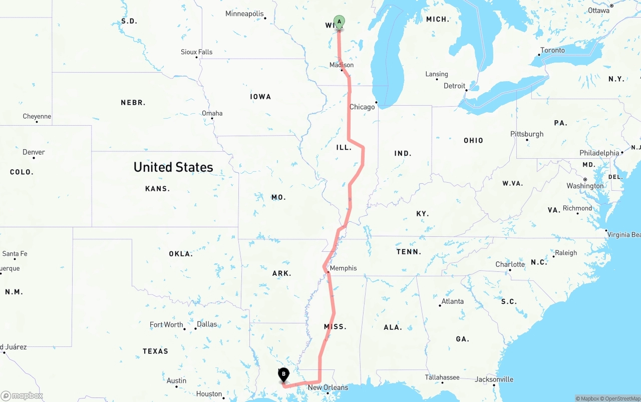 Shipping route from Wisconsin to Louisiana