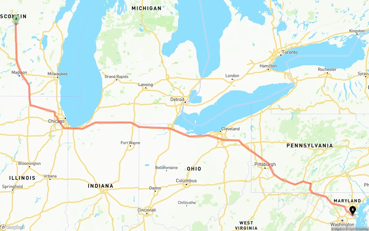 Shipping route from Wisconsin to Maryland