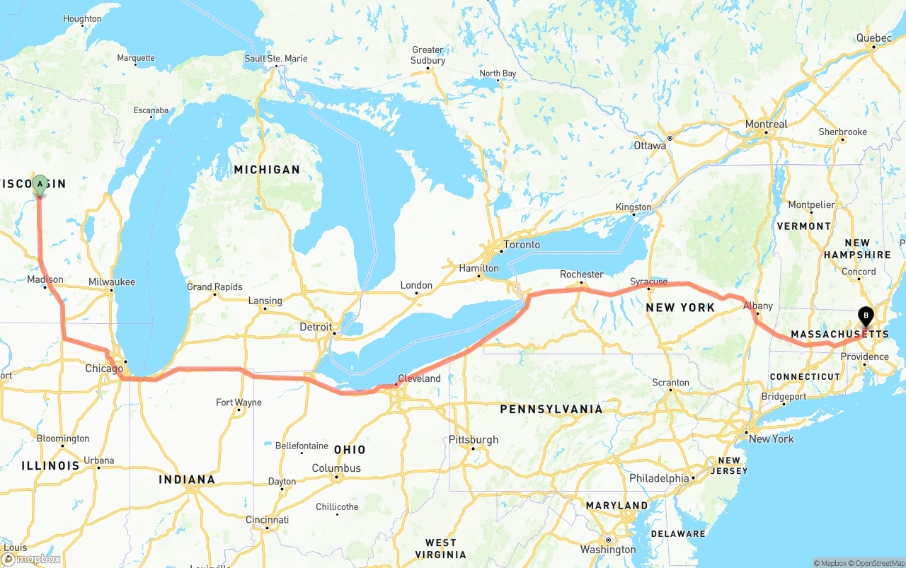 Shipping route from Wisconsin to Massachusetts