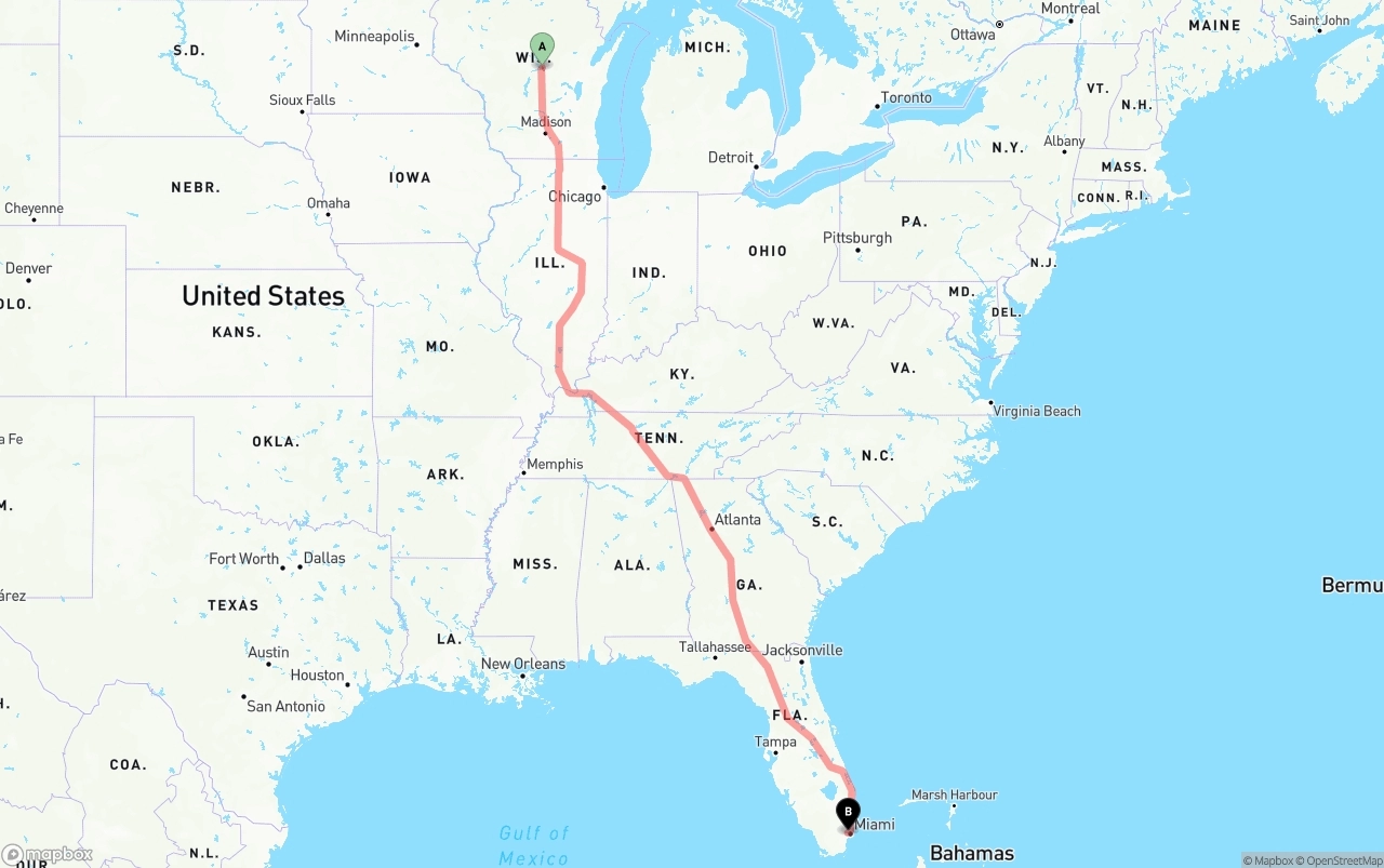 Shipping route from Wisconsin to Miami International Airport