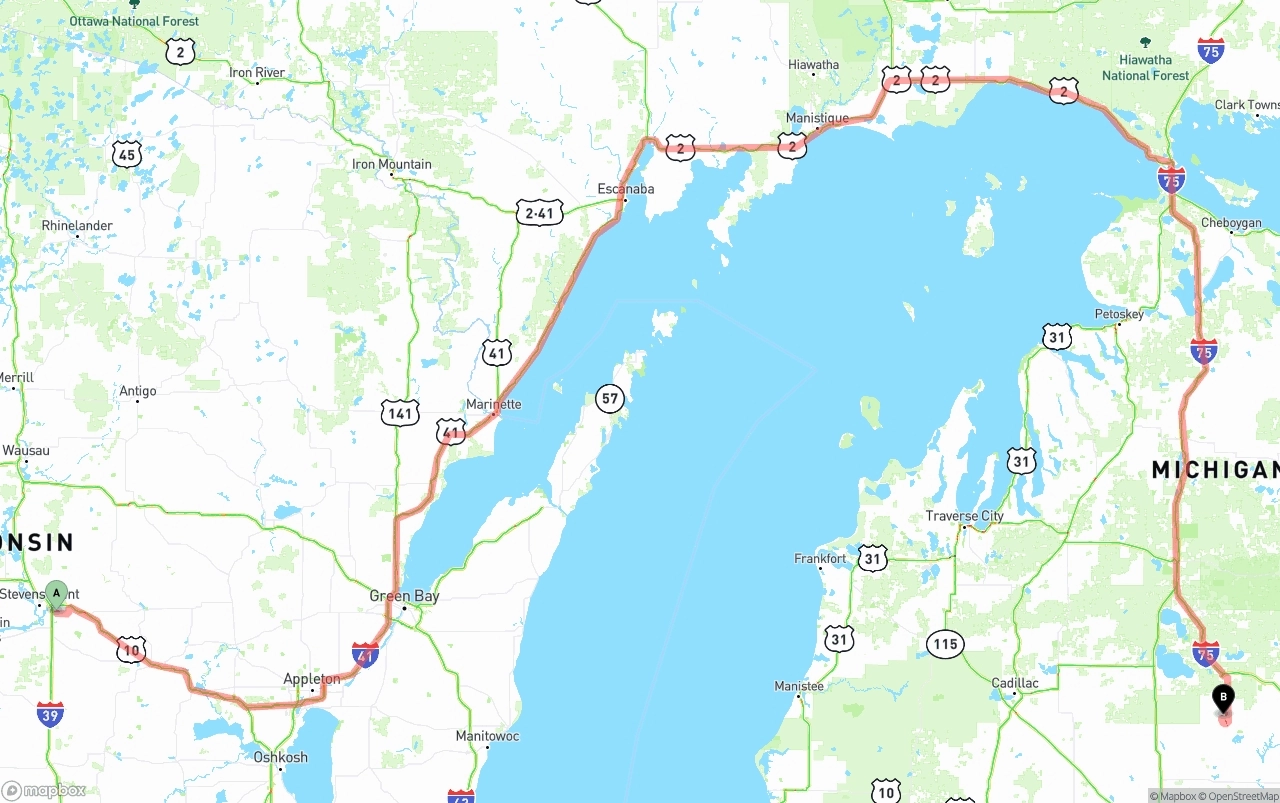 Shipping route from Wisconsin to Michigan