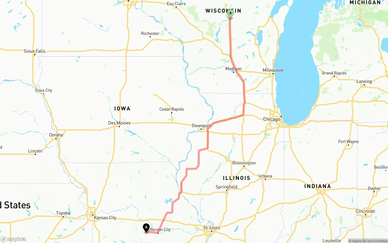 Shipping route from Wisconsin to Missouri