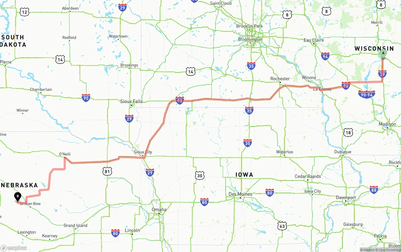 Shipping route from Wisconsin to Nebraska