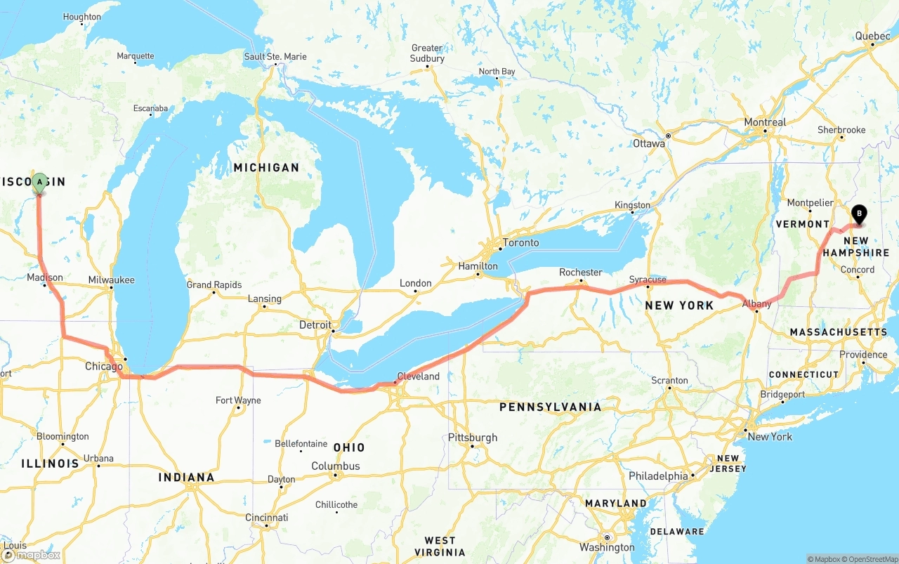Shipping route from Wisconsin to New Hampshire