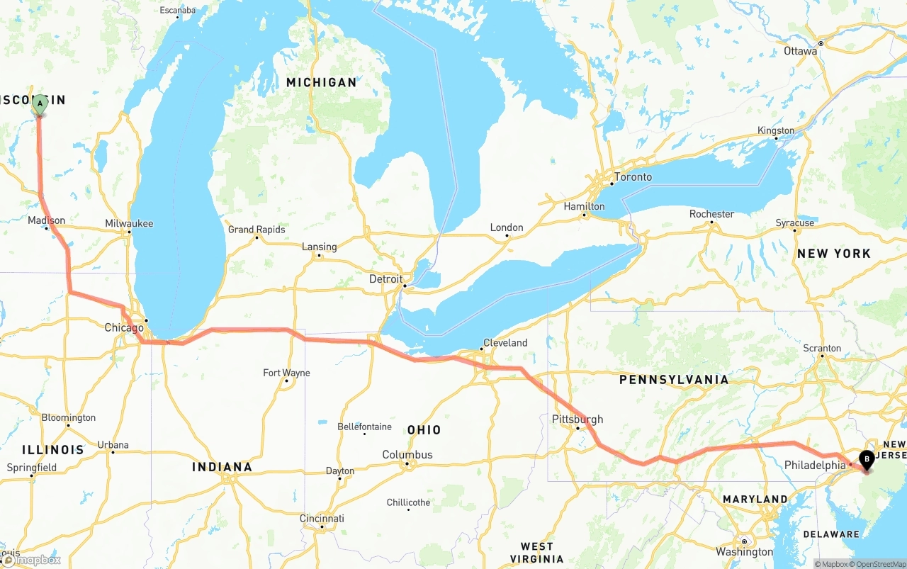Shipping route from Wisconsin to New Jersey