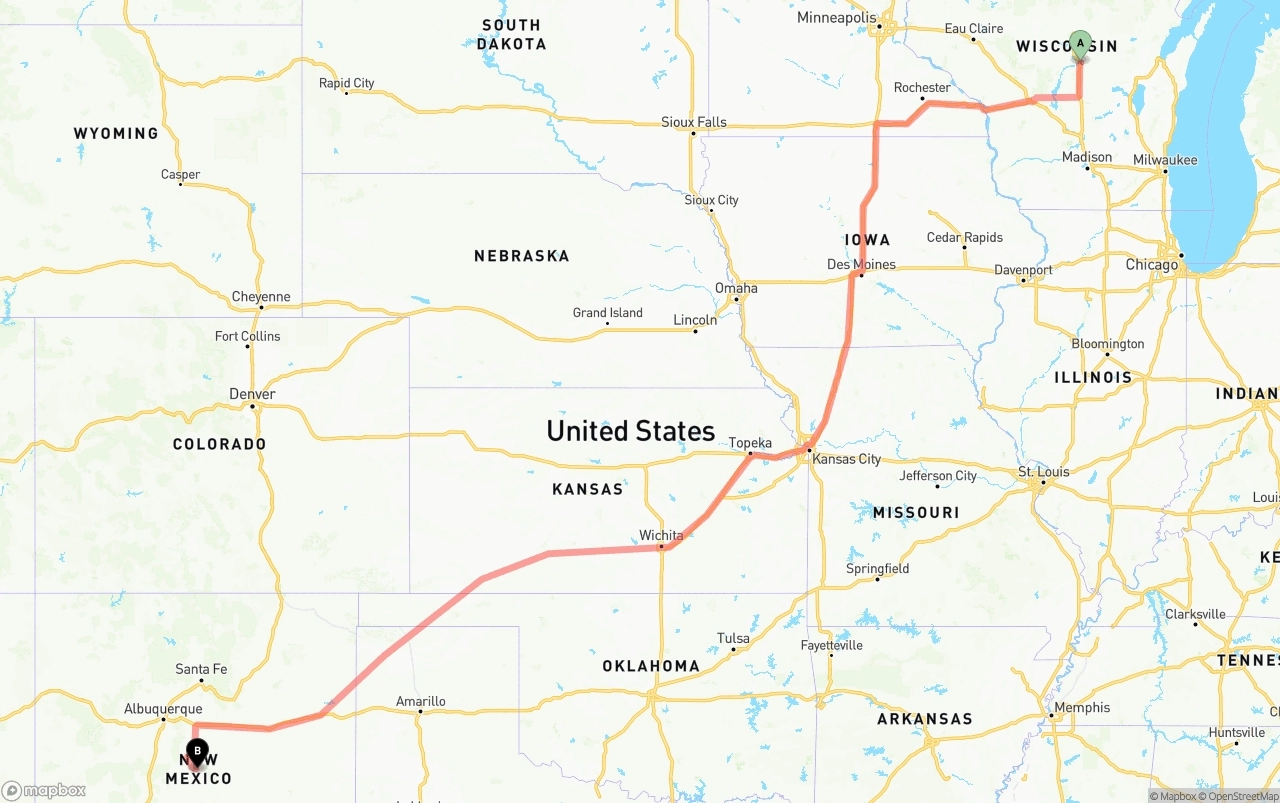 Shipping route from Wisconsin to New Mexico