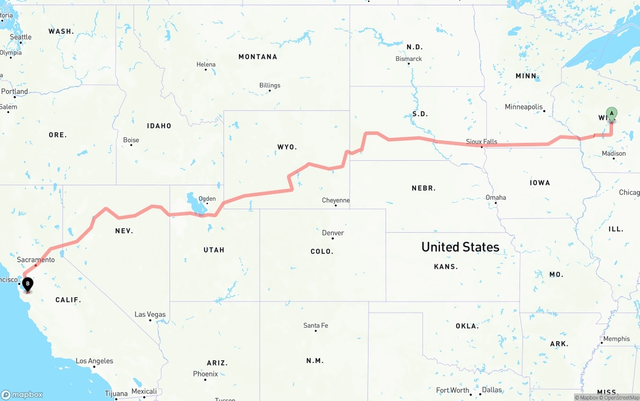 Shipping route from Wisconsin to Norman Y. Mineta San Jose International Airport