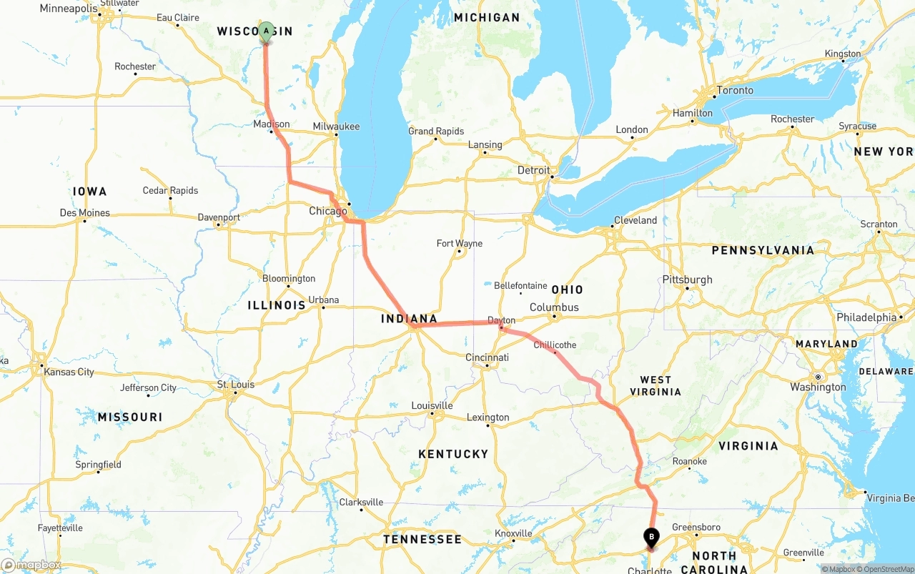 Shipping route from Wisconsin to North Carolina