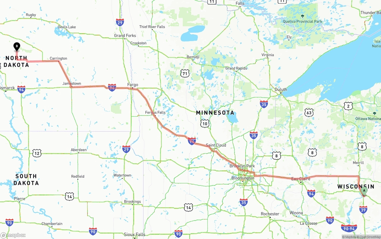 Shipping route from Wisconsin to North Dakota