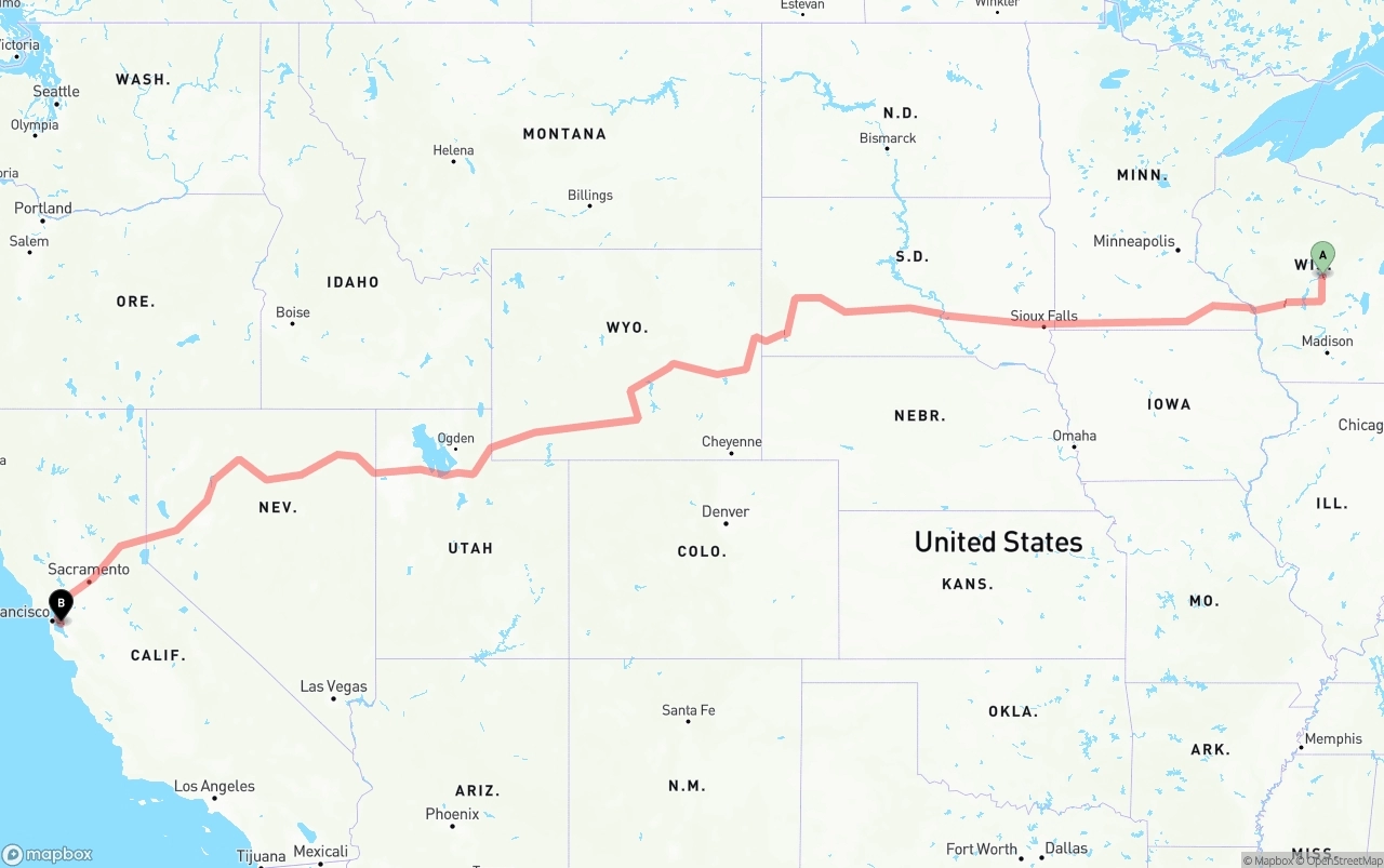 Shipping route from Wisconsin to Oakland International Airport