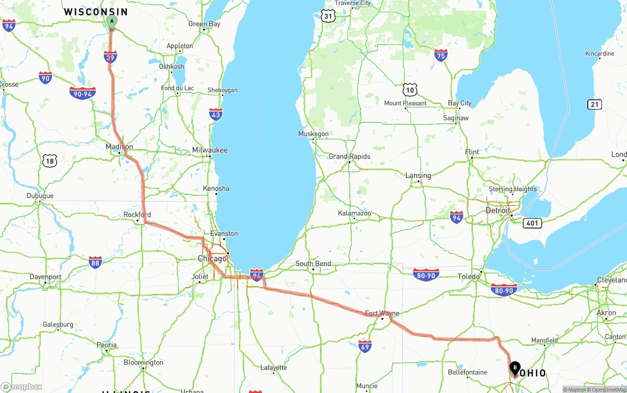 Shipping route from Wisconsin to Ohio