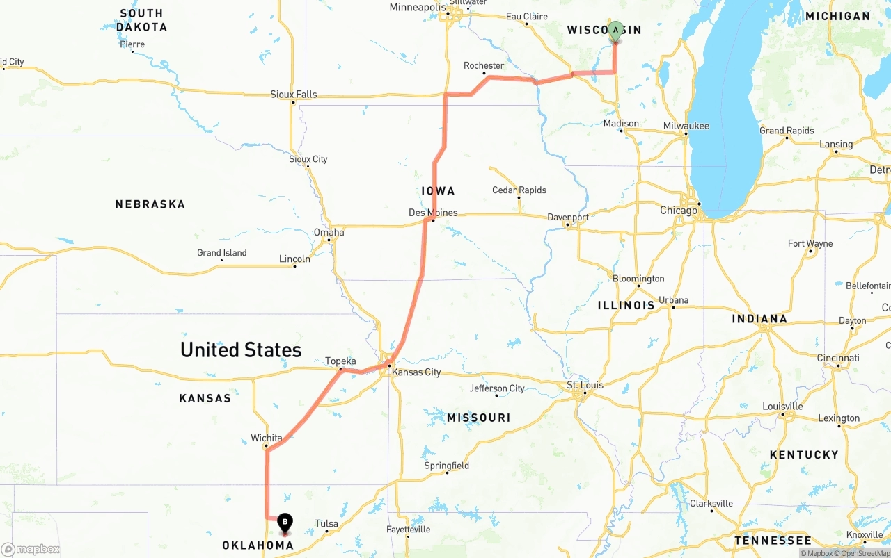 Shipping route from Wisconsin to Oklahoma