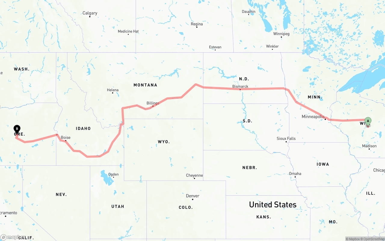 Shipping route from Wisconsin to Oregon