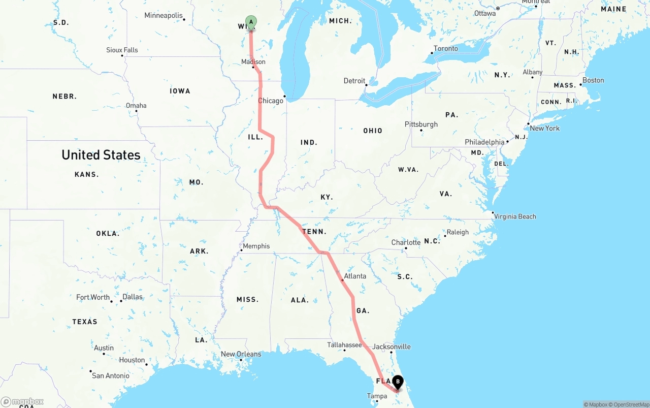 Shipping route from Wisconsin to Orlando International Airport