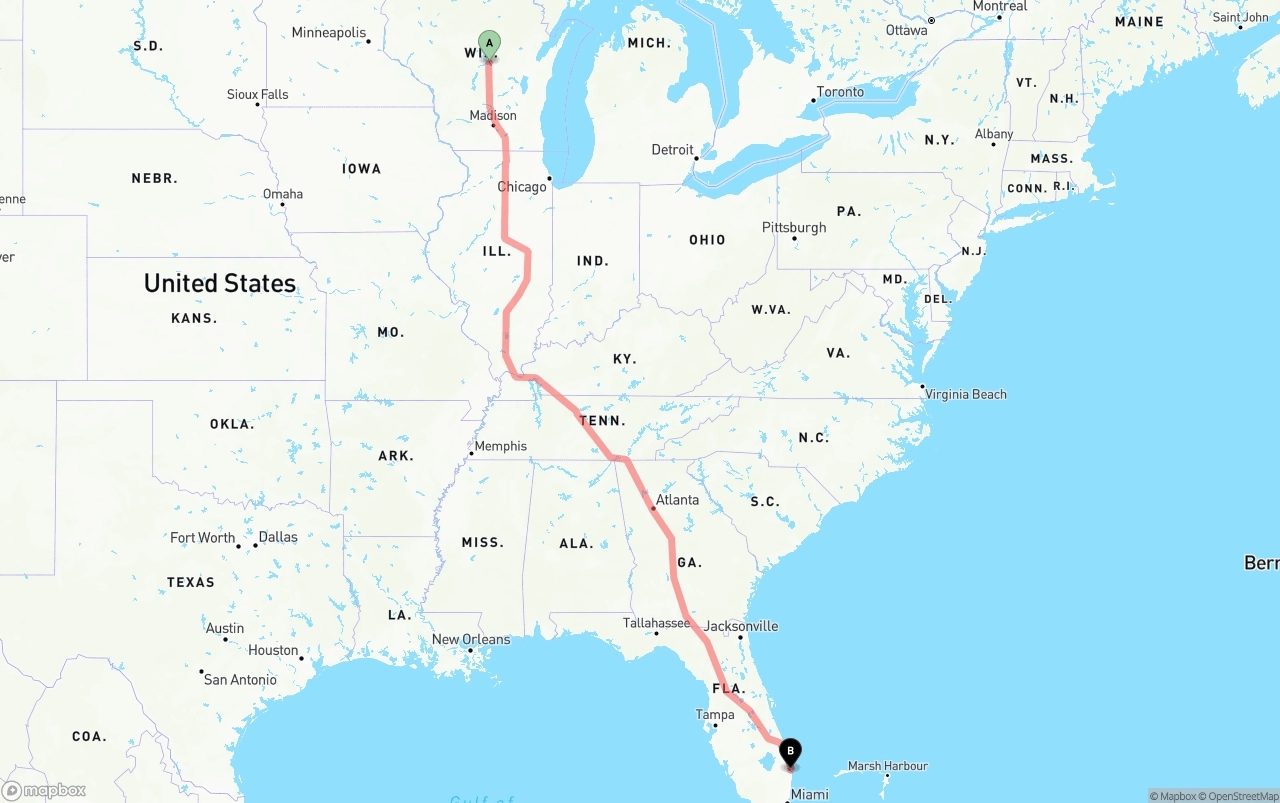Shipping route from Wisconsin to Palm Beach International Airport