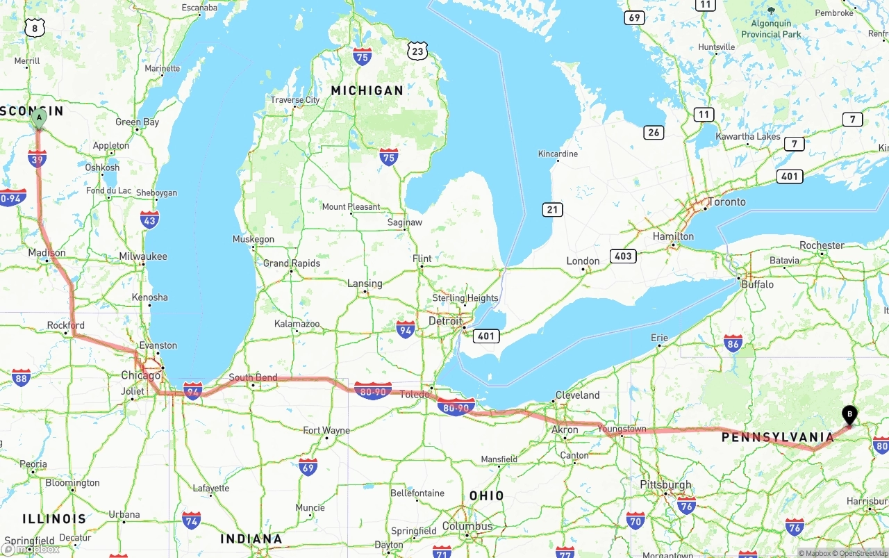 Shipping route from Wisconsin to Pennsylvania