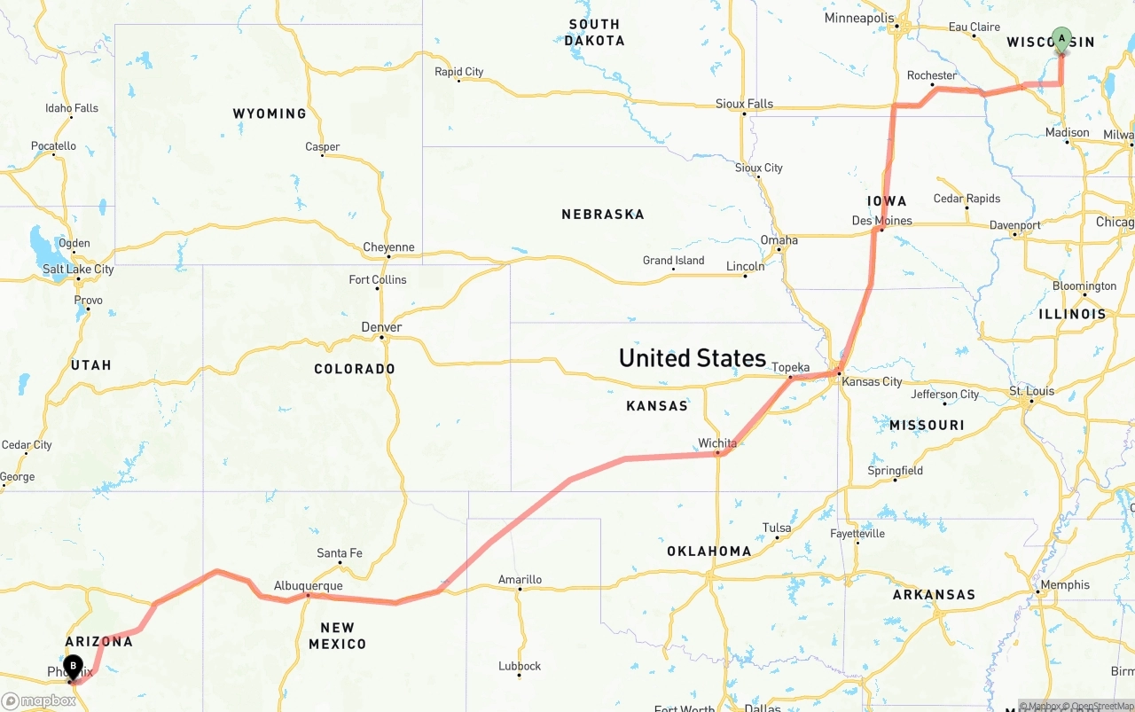 Shipping route from Wisconsin to Phoenix Sky Harbor International Airport