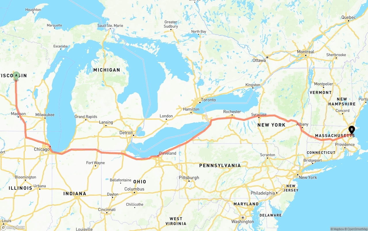 Shipping route from Wisconsin to Port of Boston