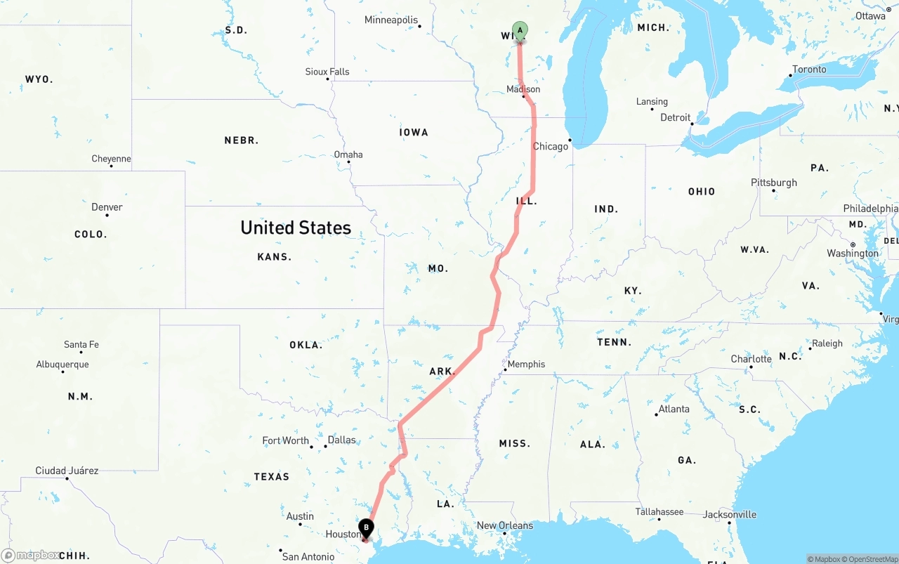 Shipping route from Wisconsin to Port of Houston