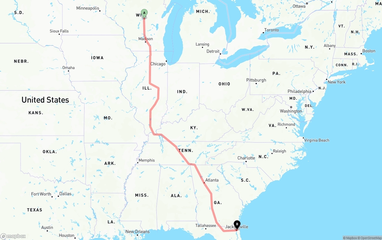 Shipping route from Wisconsin to Port of Jacksonville