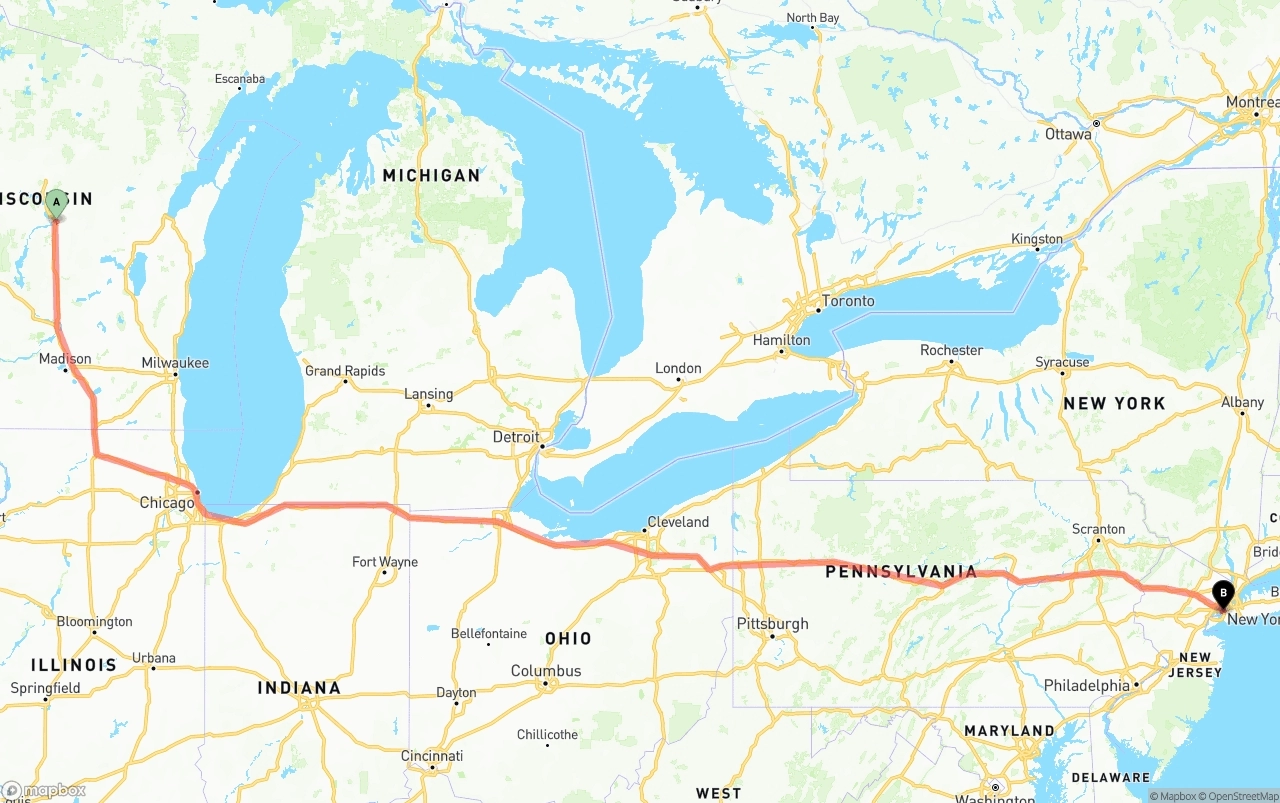Shipping route from Wisconsin to Port of New York