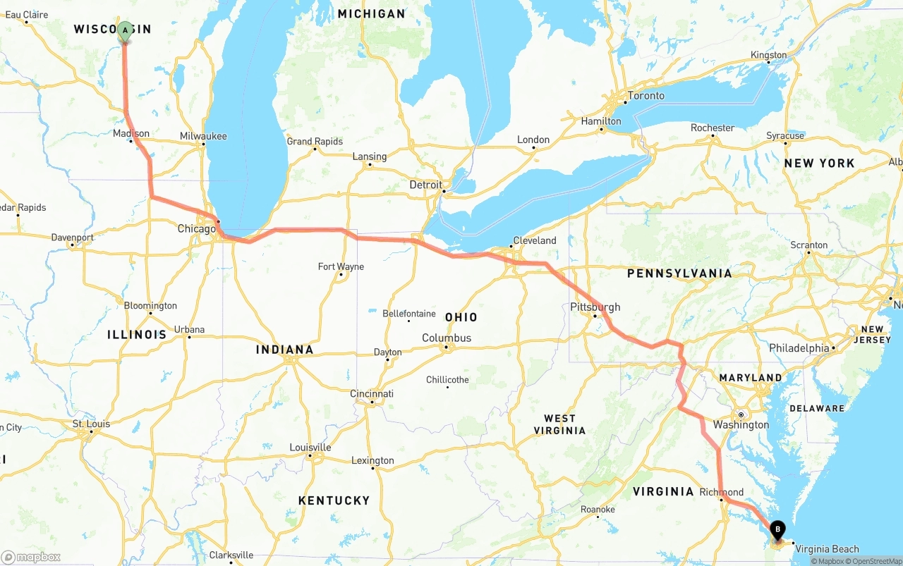 Shipping route from Wisconsin to Port of Norfolk