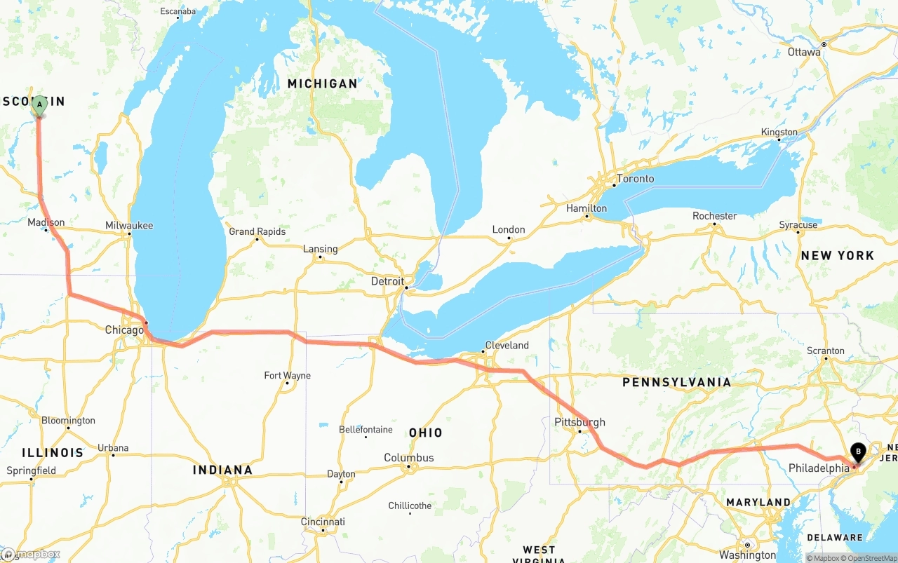 Shipping route from Wisconsin to Port of Philadelphia