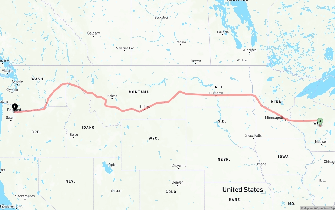 Shipping route from Wisconsin to Portland International Airport