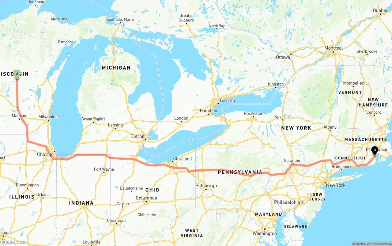 Shipping route from Wisconsin to Rhode Island