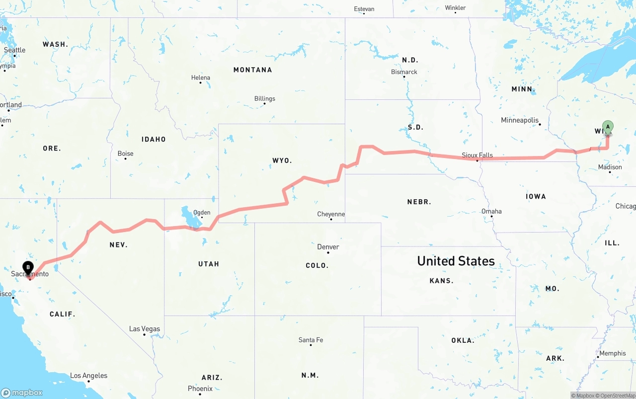 Shipping route from Wisconsin to Sacramento International Airport