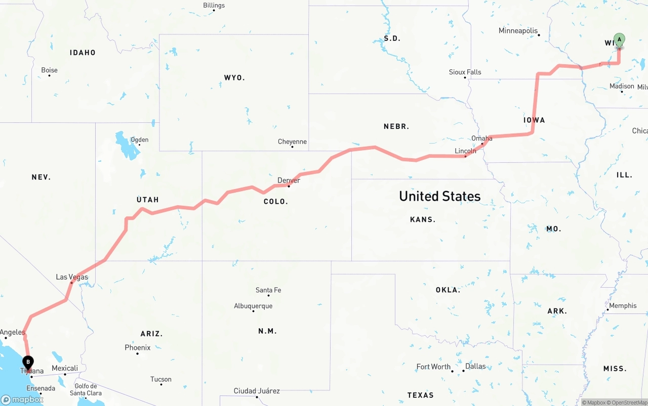 Shipping route from Wisconsin to San Diego International Airport