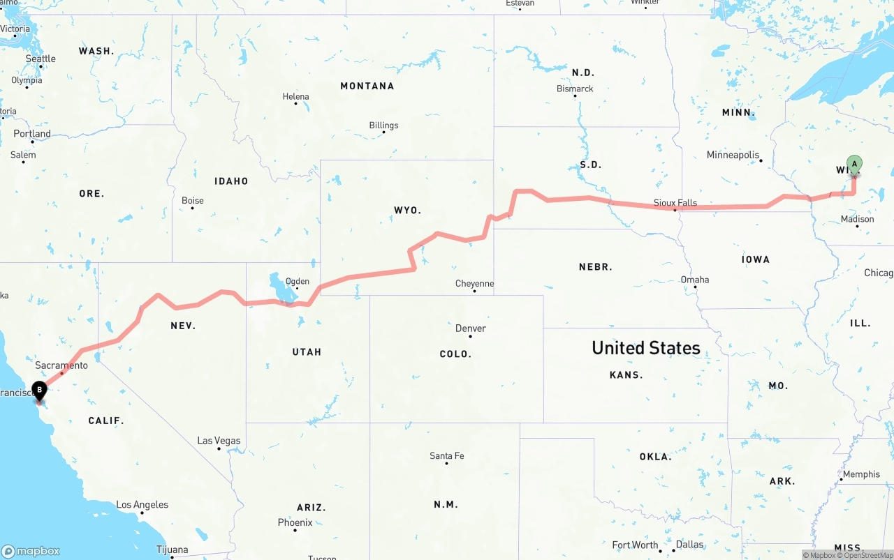 Shipping route from Wisconsin to San Francisco International Airport