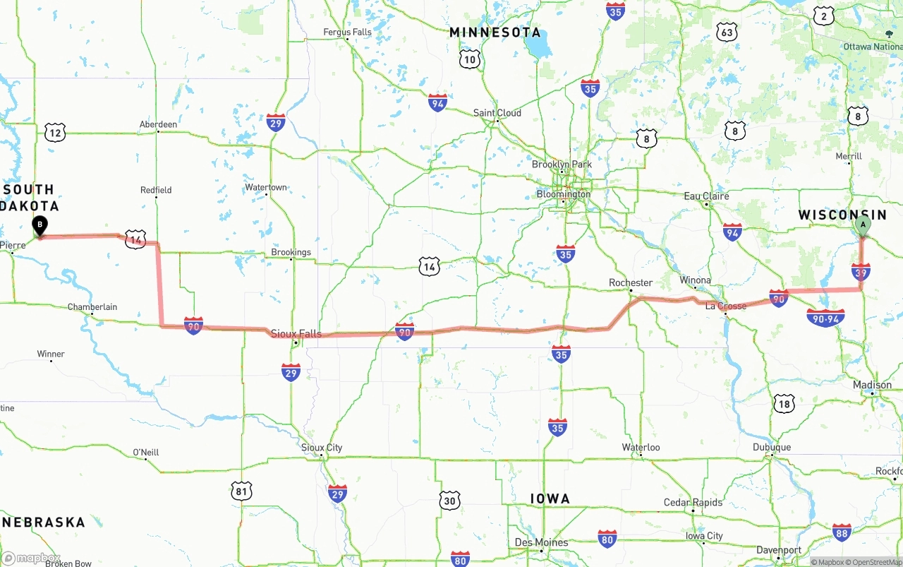 Shipping route from Wisconsin to South Dakota