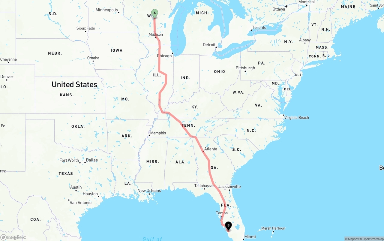 Shipping route from Wisconsin to Southwest Florida International Airport