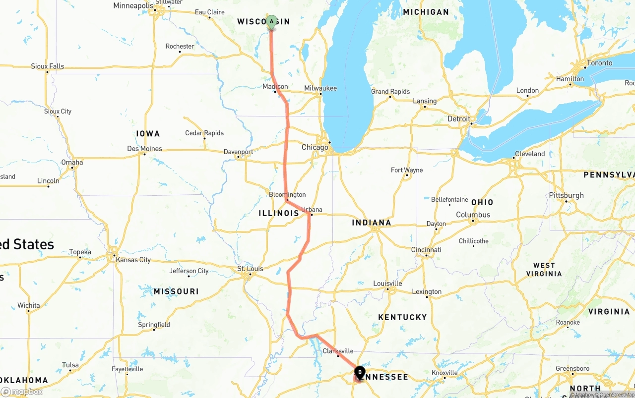 Shipping route from Wisconsin to Tennessee