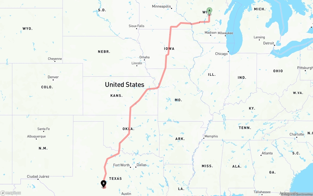 Shipping route from Wisconsin to Texas