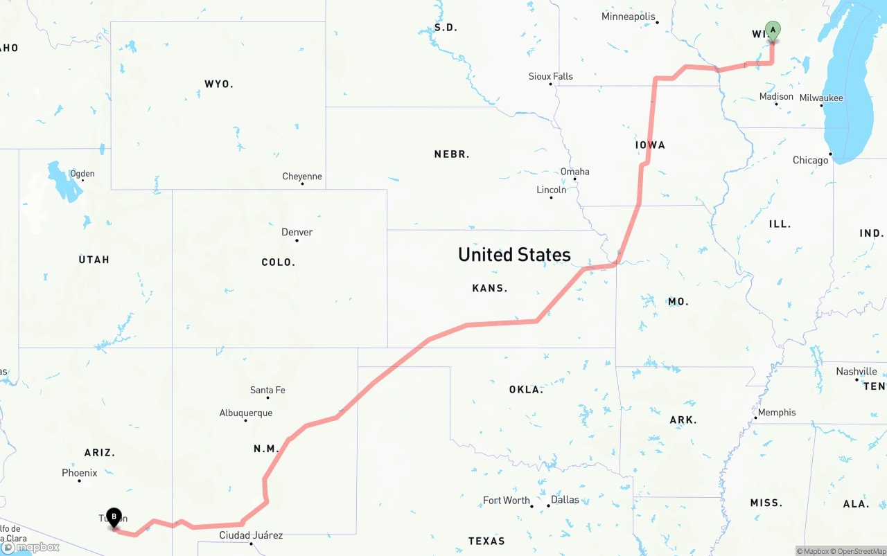 Shipping route from Wisconsin to Tucson International Airport