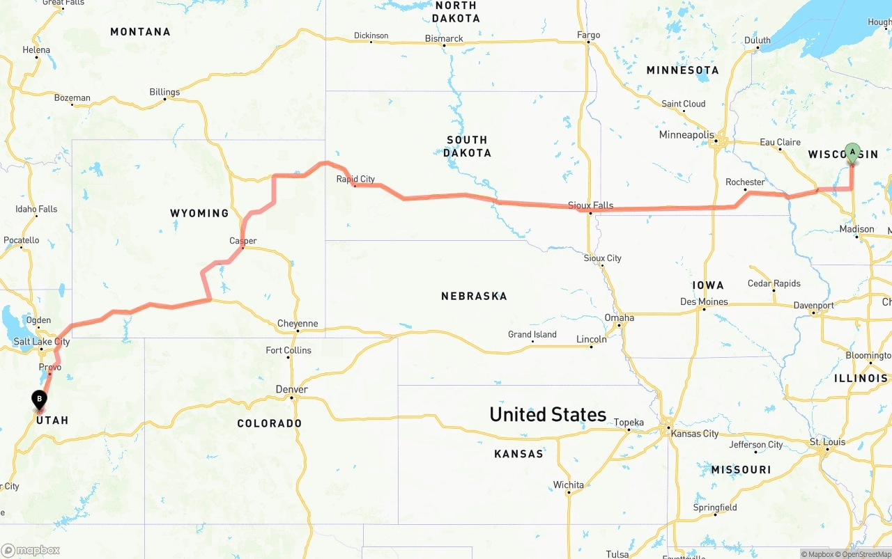Shipping route from Wisconsin to Utah