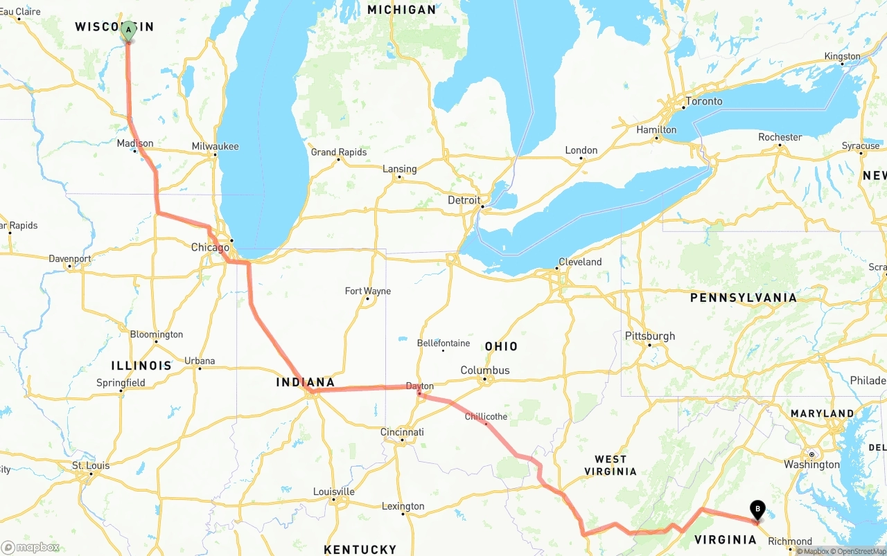 Shipping route from Wisconsin to Virginia