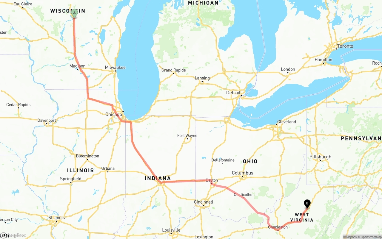 Shipping route from Wisconsin to West Virginia