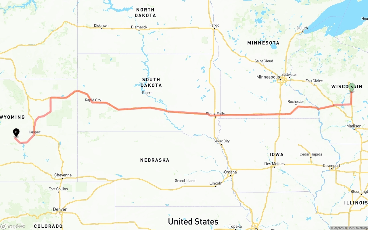 Shipping route from Wisconsin to Wyoming