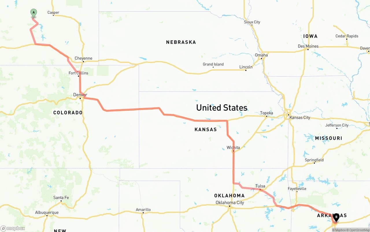 Shipping route from Wyoming to Arkansas