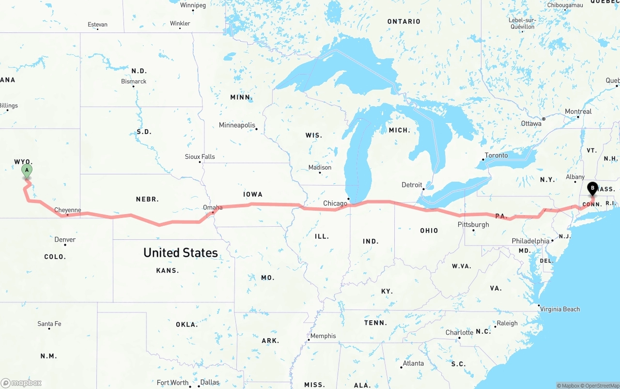 Shipping route from Wyoming to Bradley International Airport