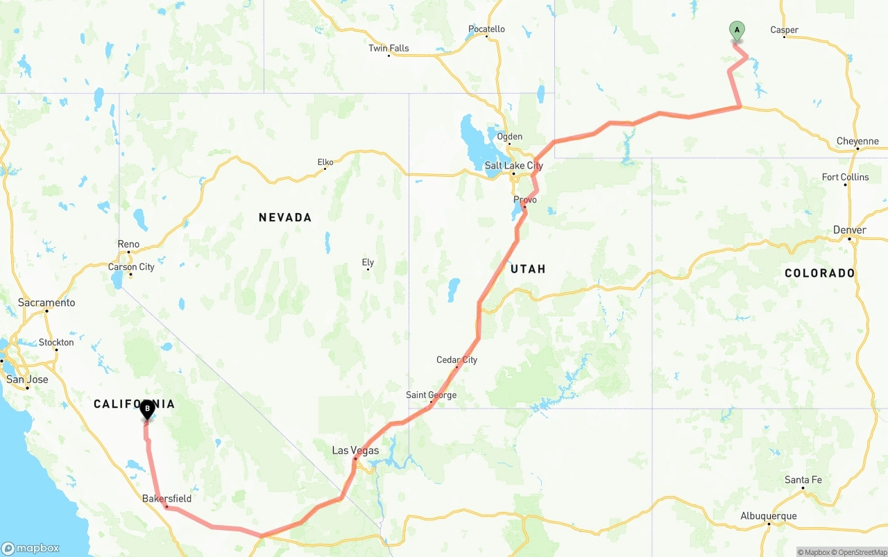 Shipping route from Wyoming to California