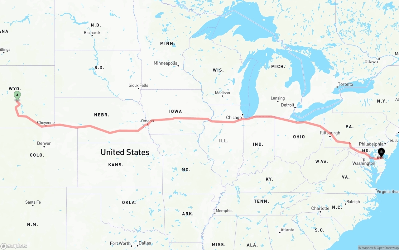 Shipping route from Wyoming to Delaware