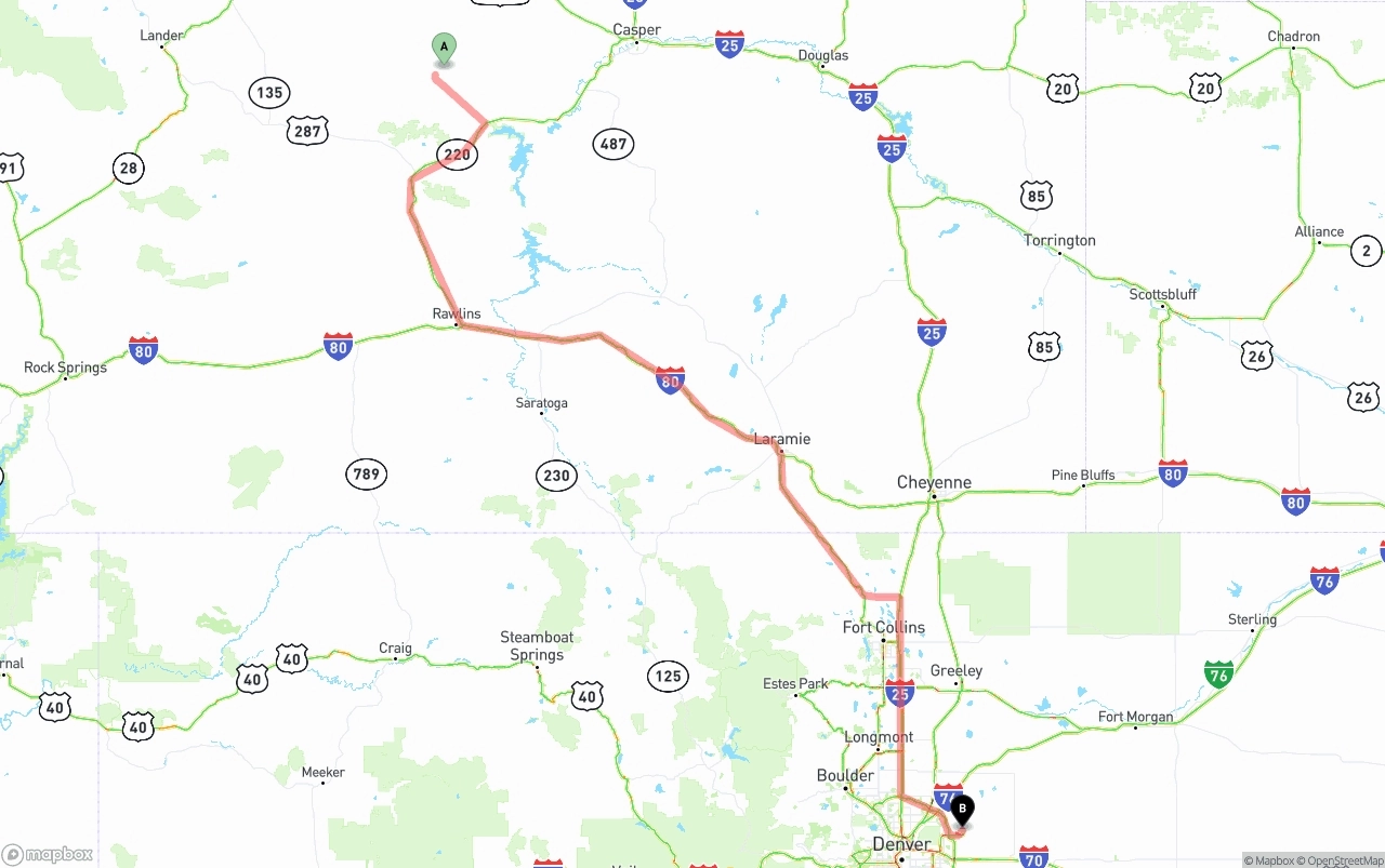 Shipping route from Wyoming to Denver International Airport