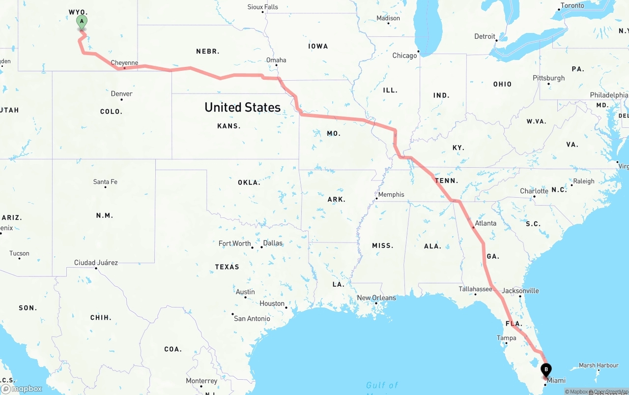 Shipping route from Wyoming to Fort Lauderdale-Hollywood International Airport