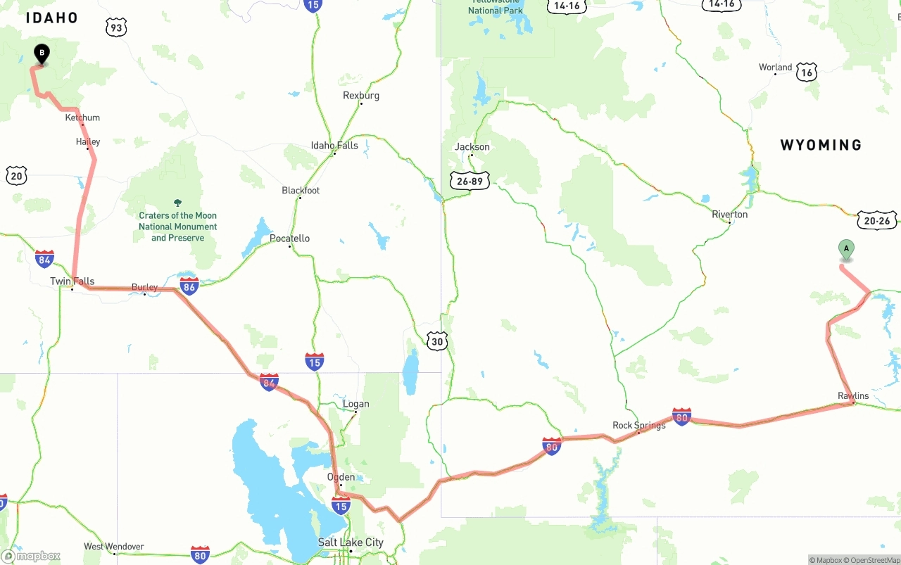 Shipping route from Wyoming to Idaho